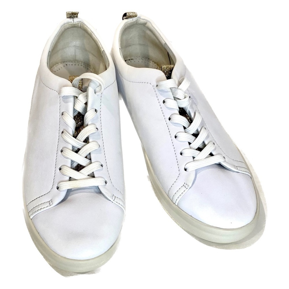 VIONIC Paisley White Leather Sneaker Gold Metallic Trim Size 7 MISSING INSOLES